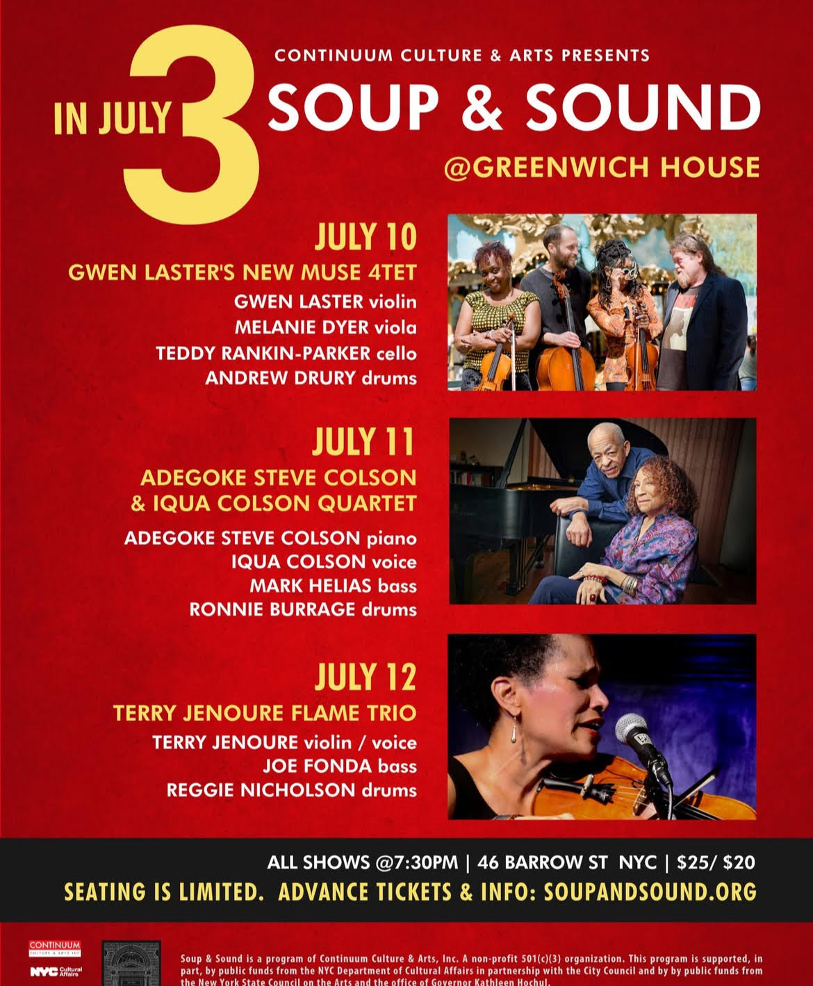 Soup and Sound July 11 2025 Flyer for the pre-release celebration of the album Glow: Music for Trio… add Voice, presented by Silver Sphinx Recordings. The background is light blue. At the top, the Silver Sphinx Recordings logo appears in silver, followed by colourful event title text: “Glow” in bright yellow and red with a fiery glow effect, and “Music for Trio… add Voice” in bold red. Below that, purple text reads “Pre-release Celebration.” The centre of the flyer features a colour photo of four musicians standing side by side indoors. From left to right: drummer Andrew Cyrille, a Black man wearing glasses, a grey flat cap, and a grey sweater; bassist Mark Helias, a white man with a shaved head wearing a black shirt; vocalist Iqua Colson, a light-skinned Black woman with curly auburn hair, wearing a turquoise blouse; and pianist Adegoke Steve Colson, a Black man with a goatee, wearing a black short-sleeved polo shirt. They are smiling or standing calmly in warm lighting. An image of the album cover overlaps the lower left corner of the photo. The cover shows a city street scene in blue tones with tall buildings and pedestrians. Text on the album reads: “Adegoke Steve Colson & Iqua Colson with Andrew Cyrille / Mark Helias.” Event details in purple text: Friday, May 9, 2025 at 7:30 PM, at the National Jazz Museum in Harlem, 58 West 129th Street, New York, NY 10027. $20 admission includes a complimentary CD. At the bottom, the colourful logo of the National Jazz Museum in Harlem is shown in yellow, magenta, and teal.