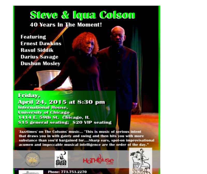 Concert flyer for Steve and Iqua Colson, 40 Years in the Moment, University of Chicago, 24 April 2015